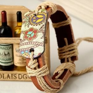 Boho Peace Sign Braided Leather Rope Hemp Bracelet